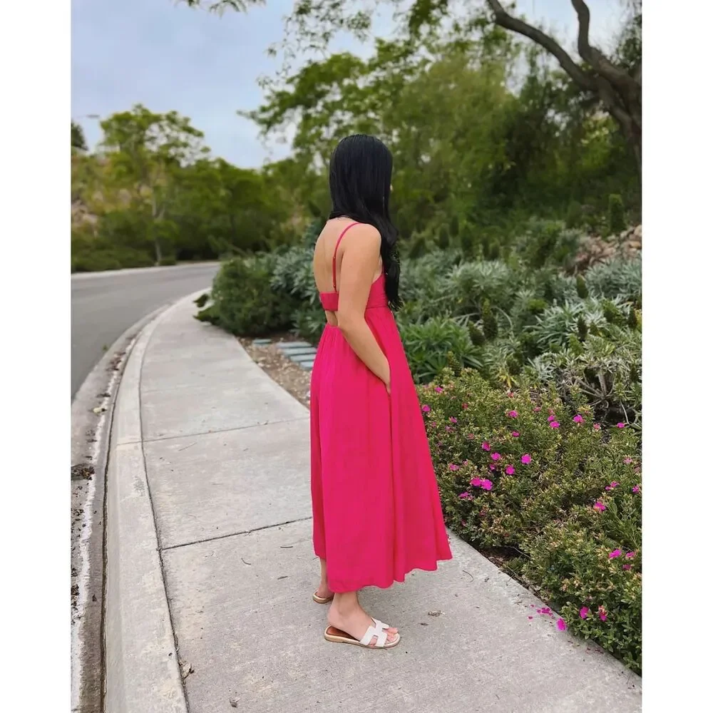 Abercrombie & Fitch Pink Babydoll Crinkle Textured Maxi Dress w/ Pockets Medium